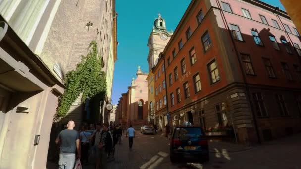 Stockholm Merkezinde Eski Dar Bir Sokak Eski Kasaba Mimarlık Eski — Stok video