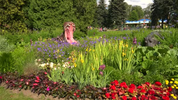 Flowerbed at an amusement Park. Hippo. 4K. — Stock Video