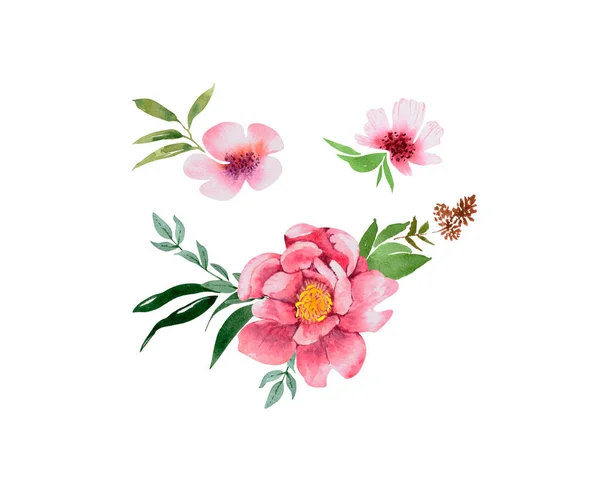 Ніжний Рожевий Вінок Квітів Листя Білому Тлі Ручна Розмальована Акварель — стокове фото