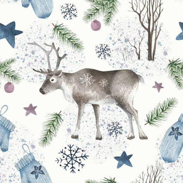 トナカイや新年の装飾が施された水彩画のイラストのパターン白い背景に雪片やクリスマスツリーの枝をミトンクローズアップ — ストック写真