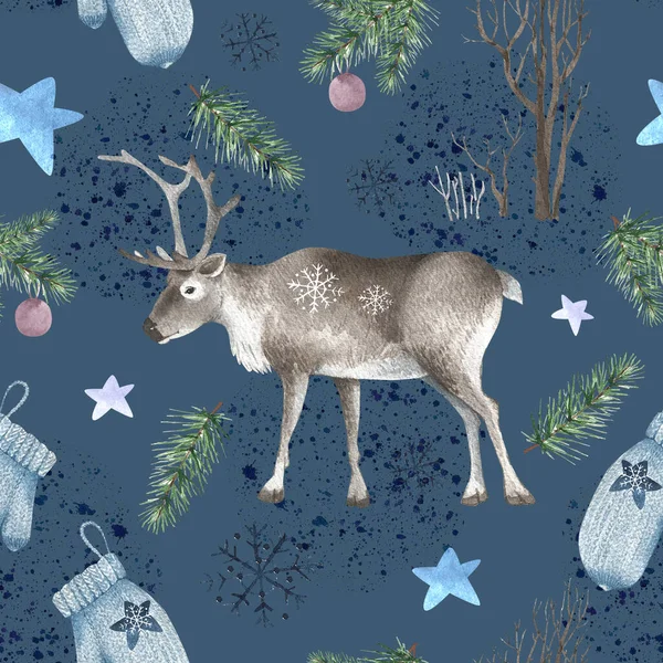 トナカイや新年の装飾が施された水彩画のイラストのパターン青い背景に雪片やクリスマスツリーの枝をミトン — ストック写真