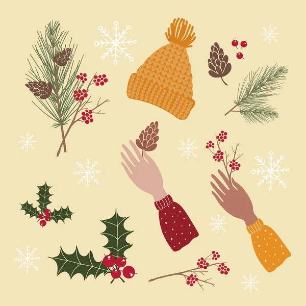 Set Vector Illustrations Christmas Holidays Winter Theme Plants Clothes Hands — Stock Vector