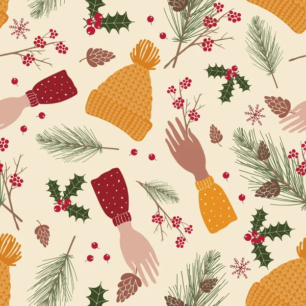 Muster Aus Vektor Illustrationen Für Weihnachtsfeiertage Winter Themenpflanzen Kleidung Hände — Stockvektor