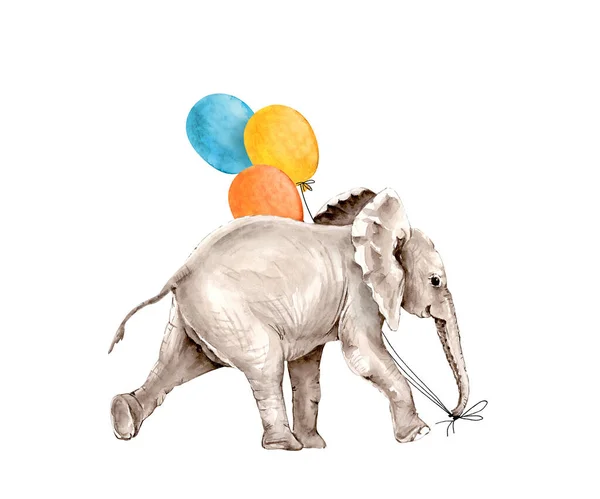Серый Слон Воздушными Шарами Белом Фоне Иллюстрация Акварель Вручную Окрашены — стоковое фото