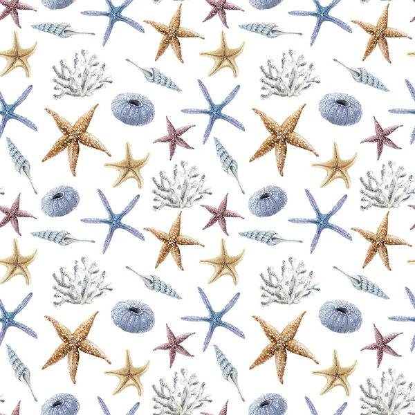 Pattern Watercolor Illustrations Nautical Style White Background Hand Painted Sea — Stock Photo, Image