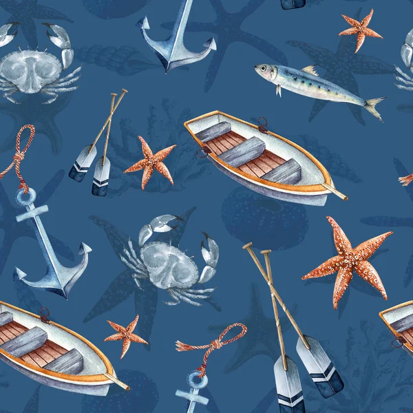 Шаблон Акварелью Иллюстрации Морском Стиле Синем Фоне Вручную Окрашенные Морские — стоковое фото