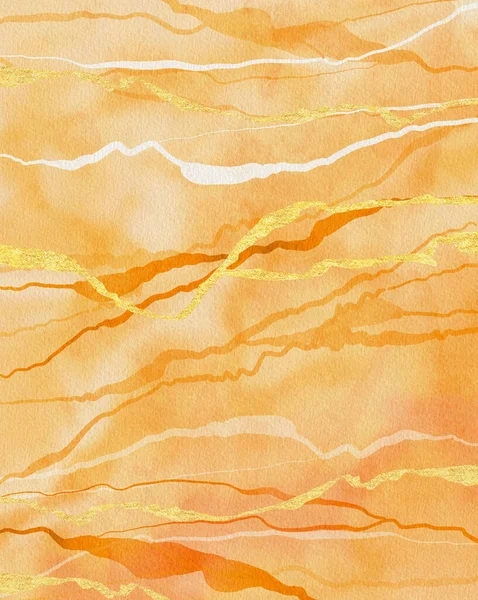 Abstract Aquarel Backgroun Oranje Achtergrond Met Goudstrepen Marmer Effect Aquarel — Stockfoto