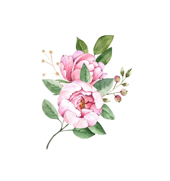 Zarte Sträuße Mit Blumen Rosa Pfingstrosen Aquarell Illustration Auf Weißem — Stockfoto