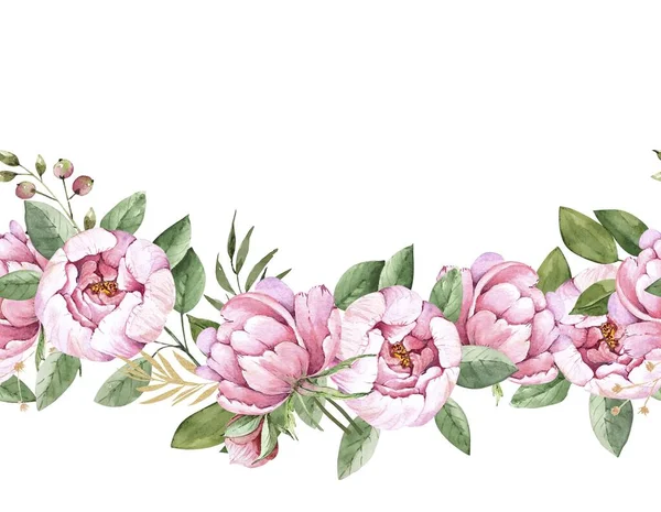 Ornamento Sem Costura Delicadas Flores Rosa Peônias Aquarela Ilustração Fundo — Fotografia de Stock
