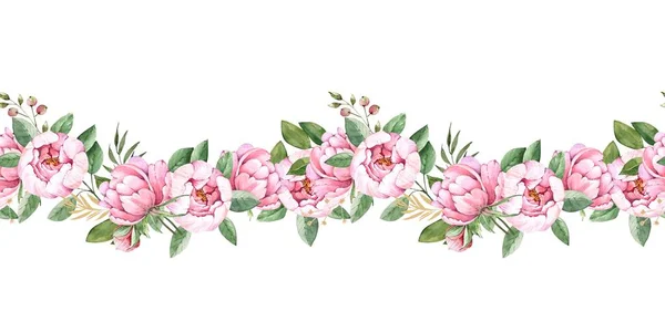 Безшовний Орнамент Ніжних Рожевих Квітів Півоній Акварельна Ілюстрація Білому Тлі — стокове фото