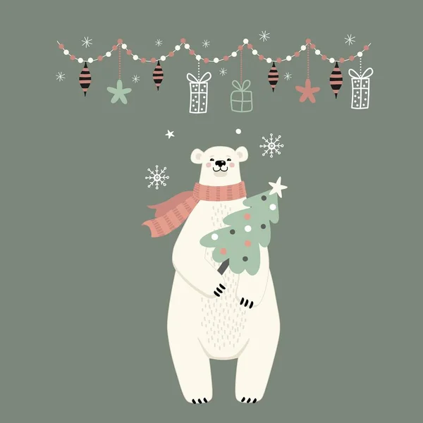 Vector Illustratie Met Ijsbeer Winter Decor Slinger Met Geschenken Voor — Stockvector