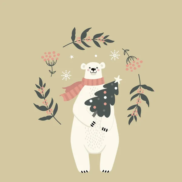 Vektor Illustration Mit Eisbär Und Winterdekor Für Die Neujahrsfeiertage Auf — Stockvektor