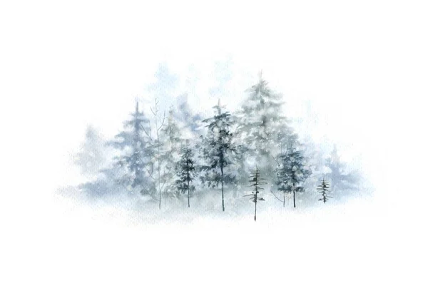 水彩画クリスマスイラスト冬の森手描き自然冬の休日白を背景に — ストック写真