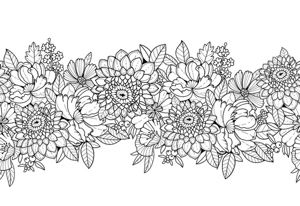 Borda Desenho Linear Sem Costura Com Flores Fundo Branco Ornamento — Fotografia de Stock