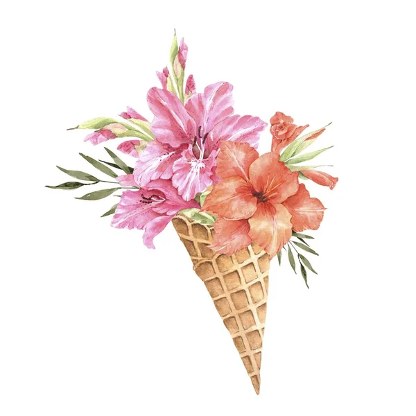 Delicate Bouquet Pink Orange Flowers Lily Waffle Cone Watercolor Illustration — Stock Photo, Image