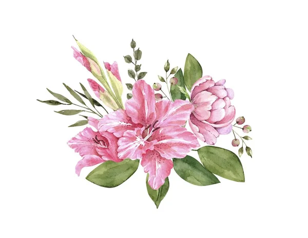 Delicado Buquê Com Flores Rosa Laranja Lírio Peônia Aquarela Ilustração — Fotografia de Stock