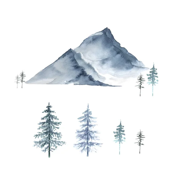 Aquarell Illustration Von Bergen Und Bäumen Weihnachtsbaum Auf Weißem Hintergrund — Stockfoto
