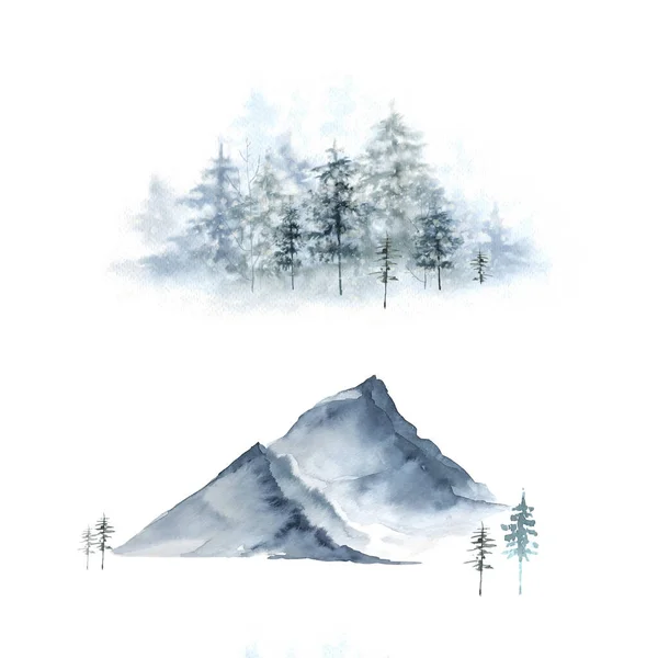 Watercolor Illustration Mountains Trees Christmas Tree White Background Hand Painted — Stock Photo, Image