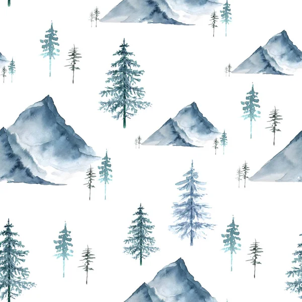 Motif Sans Couture Avec Des Illustrations Aquarelles Montagnes Arbres Forestiers — Photo