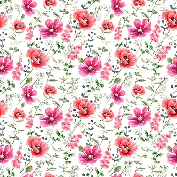 Bezešvé Vzor Jemnými Divokých Květin Bílém Pozadí Akvarel Ilustrace Ručně — Stock fotografie