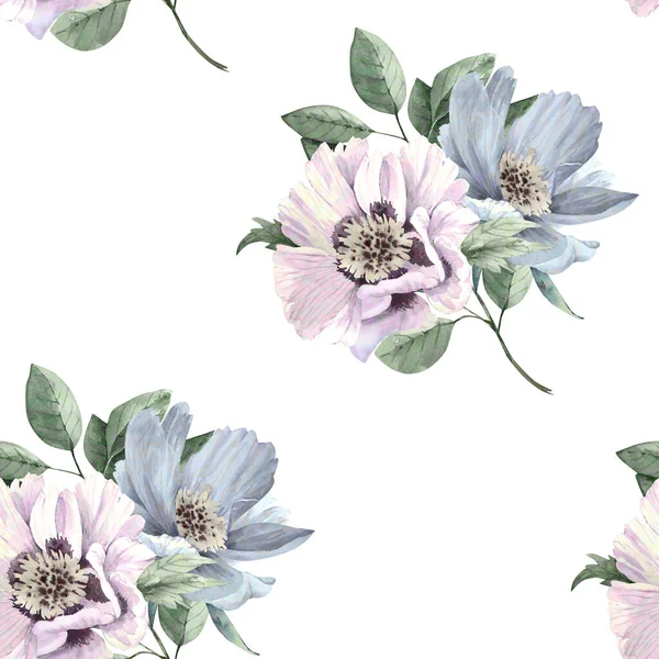 Sömlös Mönster Med Delikata Blå Blommor Vit Bakgrund Akvarell Illustration — Stockfoto