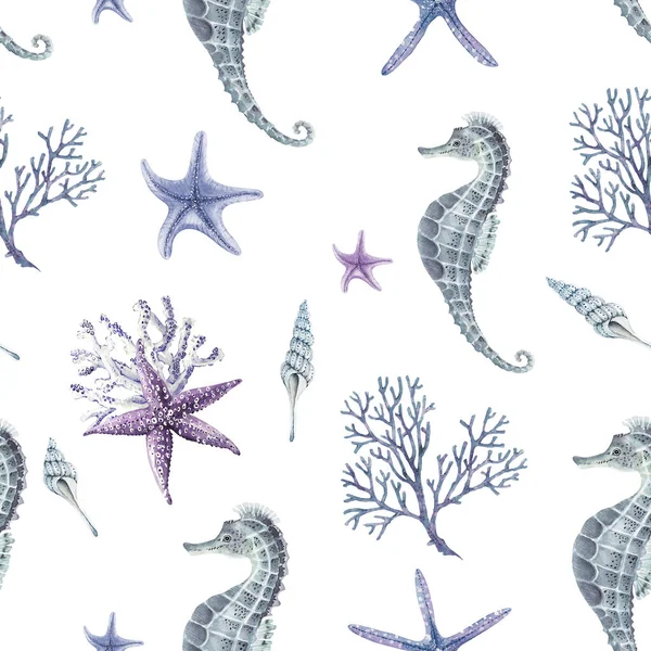Seamless Pattern Seahorses Stars White Background Hand Painted Sea Objects — Stock Photo, Image