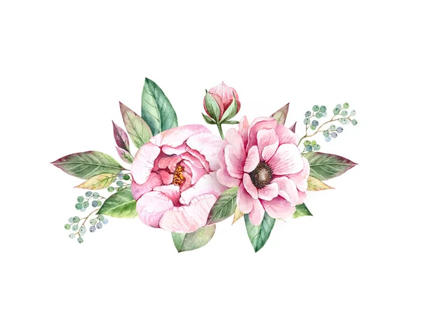 Delicato Bouquet Con Fiori Rosa Peonie Acquerello Illustrazione Sfondo Bianco — Foto Stock