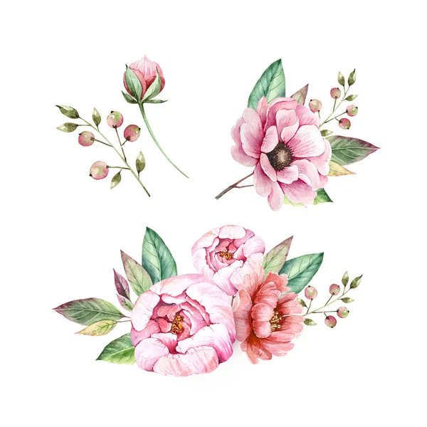 Conjunto Buquês Delicados Com Flores Peônias Rosa Ilustrações Aquarela Sobre — Fotografia de Stock