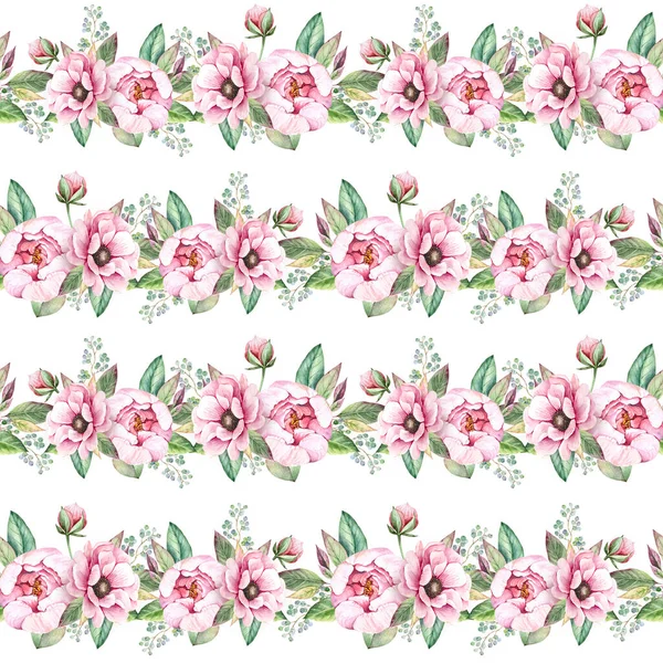 Patrón Sin Costuras Delicadas Peonías Rosas Flores Acuarela Ilustración Sobre — Foto de Stock