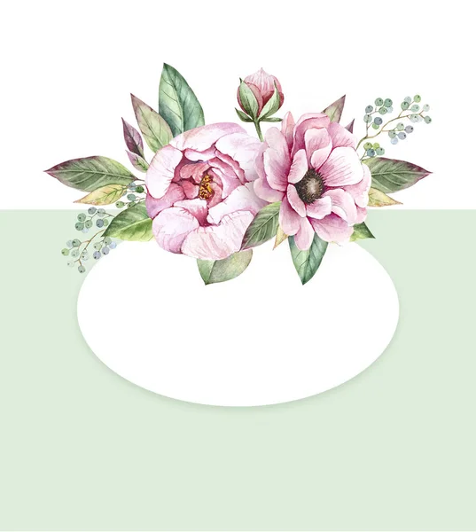 淡淡的花束 粉红的牡丹花 水彩画 白色背景 手绘结婚邀请函 装饰和设计 — 图库照片
