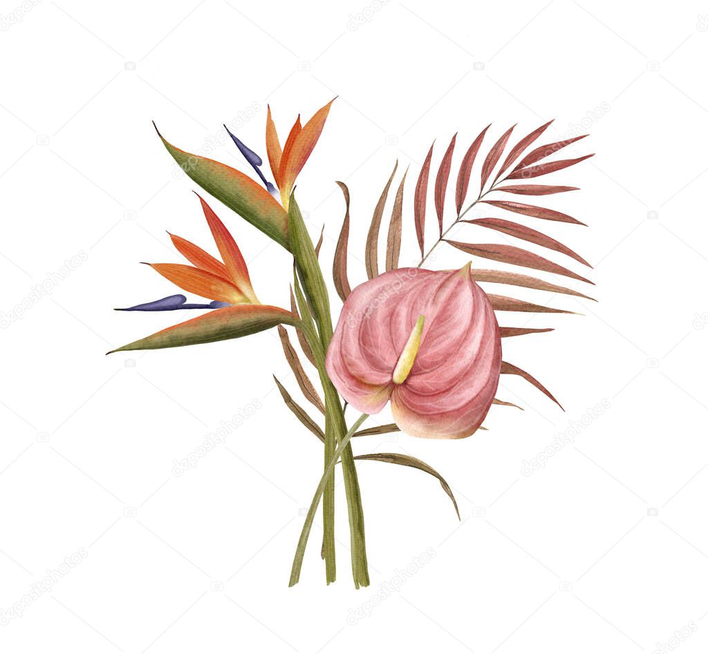 delicate bouquet of tropical flowers and palm leaves watercolor illustration. suitable for invitations, weddings or greeting cards