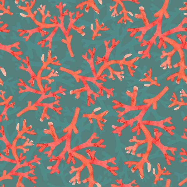 Corales Rojos Patrón Sin Costuras Sobre Fondo Turquesa Ilustración Acuarela —  Fotos de Stock
