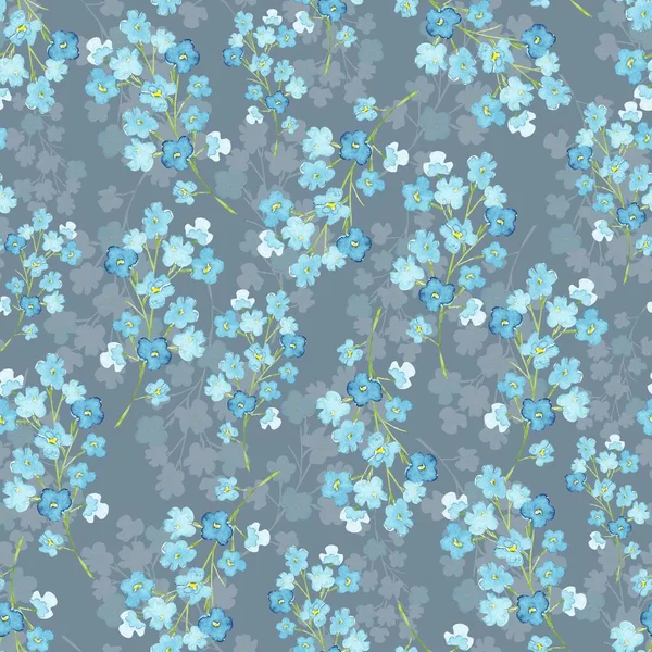 Akvarell Mönster Med Delikat Blå Små Blommor Blå Bakgrund Handmålade — Stockfoto