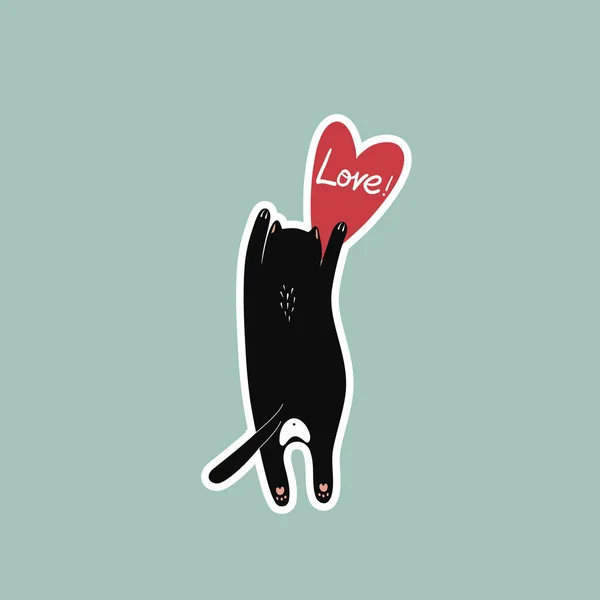 Vector Illustratie Sticker Met Zwarte Kat Rood Hart Blauwe Achtergrond — Stockvector