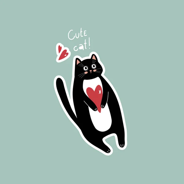 Pegatina Ilustración Vectorial Con Gato Negro Corazón Rojo Dibujo Fondo — Vector de stock