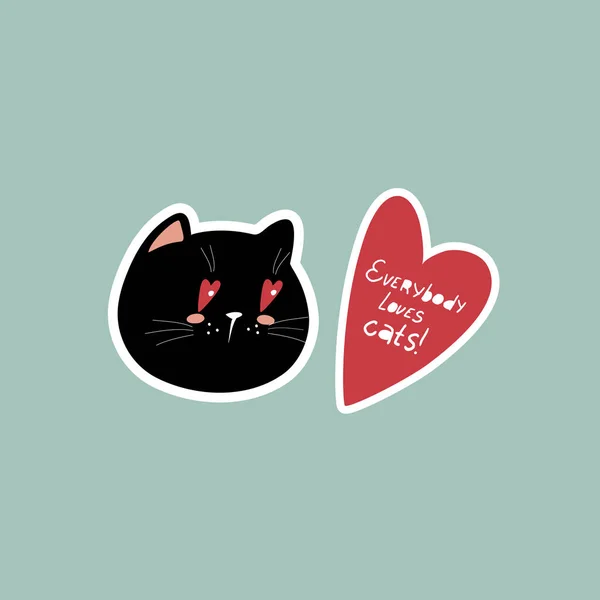 Vector Illustration Sticker Black Cat Red Heart Blue Background Drawing — Stock Vector