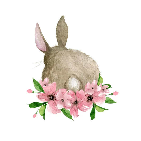 Ładny Wielkanocny Królik Wiosennym Bukietem Kwiatów Ilustracja Akwarela — Zdjęcie stockowe