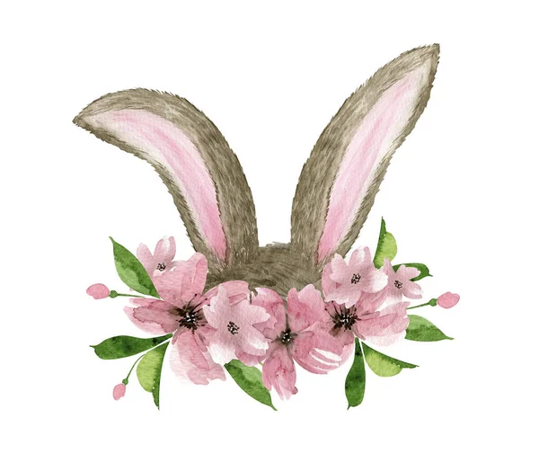 Akwarela Wielkanocne Uszy Króliczka Bukietem Kwiatów Ręcznie Malowane Zbliżenie Białym — Zdjęcie stockowe