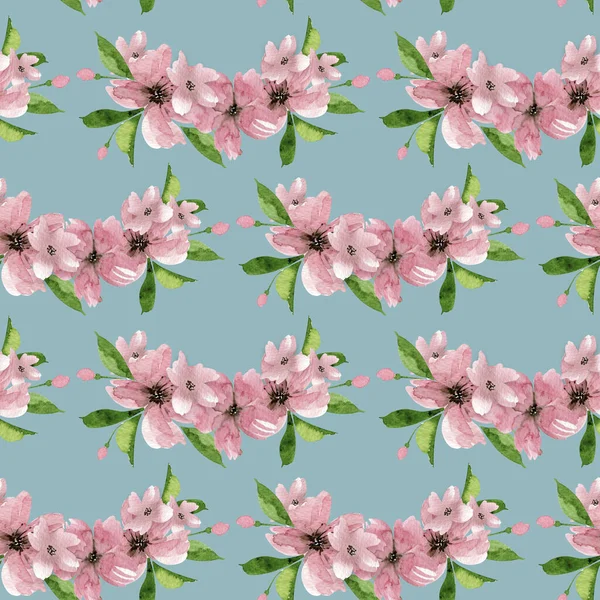 Nahtloses Muster Zarte Rosa Kirschblüten Aquarell Illustration Auf Türkisfarbenem Hintergrund — Stockfoto