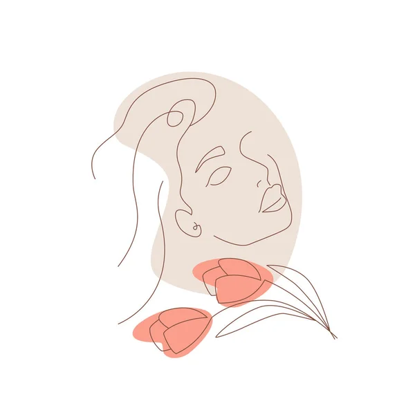 Visage Abstrait Jeune Femme Fleur Illustration Linéaire Avec Des Taches — Image vectorielle