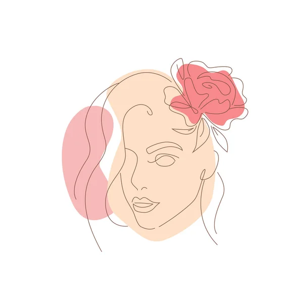 Cara Abstracta Mujer Joven Con Flor Ilustración Lineal Con Manchas — Vector de stock