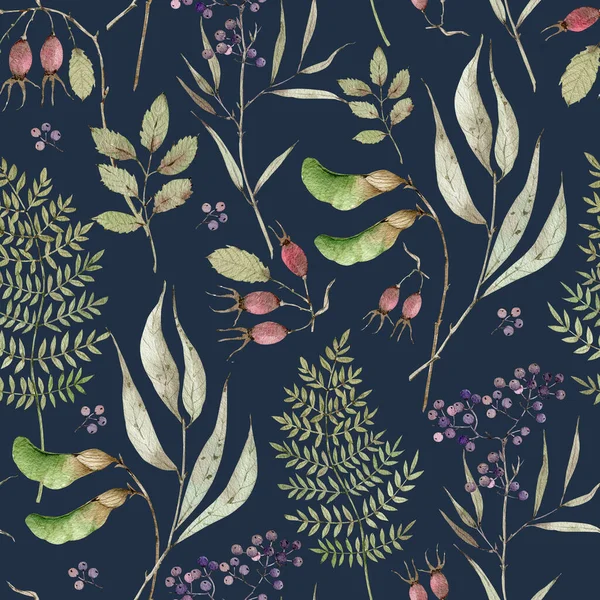 水彩植物の森の植物の枝の葉や果実のシームレスなパターン 青の背景に手描き — ストック写真