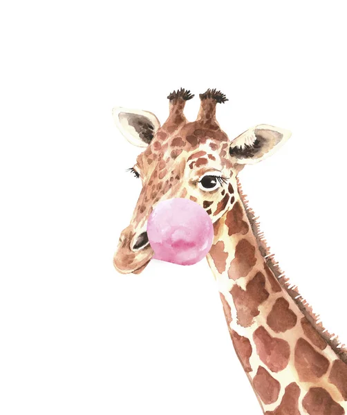 cute giraffe with pink bubble gum in mouth. close-up watercolor illustration, hand painted