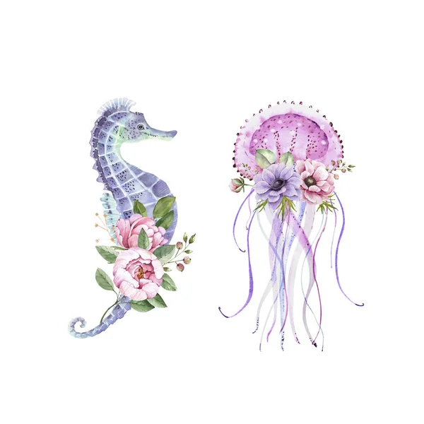 set of watercolor illustrations blue seahorse and pink jellyfish with delicate bouquet of flowers. nautical style hand painted