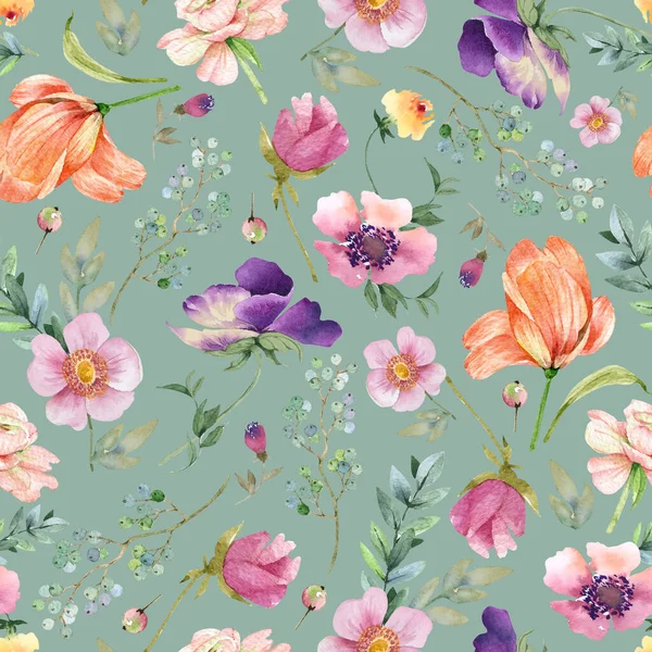 Seamless Pattern Spring Watercolor Multicolored Flowers Hand Painted Turquoise Background — Stock Photo, Image