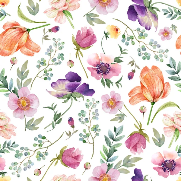 Sömlöst Mönster Med Våren Akvarell Flerfärgade Blommor Handmålade Vit Bakgrund — Stockfoto