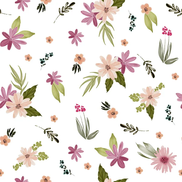 Bezszwowy Wzór Delikatnymi Kolorowymi Kwiatami Liśćmi Białym Tle Ilustracja Akwarela — Zdjęcie stockowe
