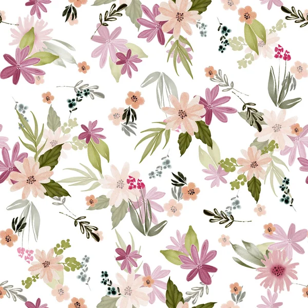 Bezešvé Vzor Jemnými Pestrobarevnými Květy Listy Bílém Pozadí Akvarel Ilustrace — Stock fotografie