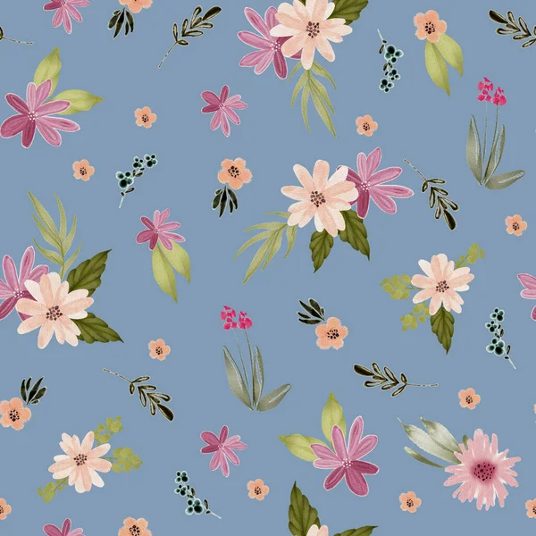 Naadloos Patroon Met Delicate Veelkleurige Kleine Bloemen Bladeren Een Blauwe — Stockfoto