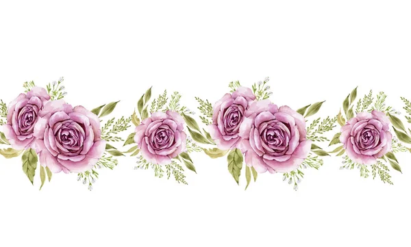 Безшовна Облямівка Акварельними Рожевими Трояндами Ізольовані Білому Тлі Розмальовані Руки — стокове фото